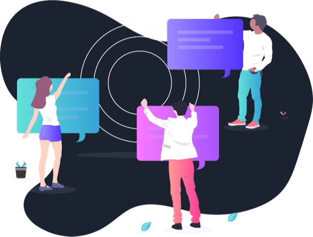 Three people having a conversation with speech bubbles